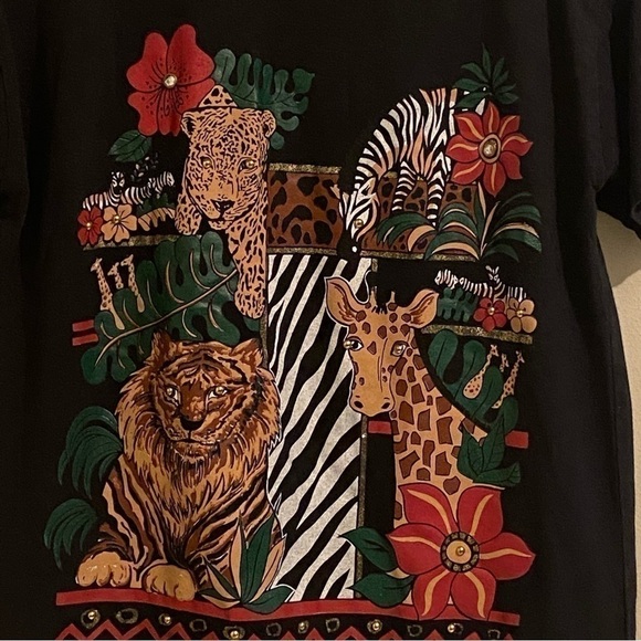 Vintage Women’s Animal Theme Pattern Short Sleeves Crew Neck T-shirt Black M - Picture 1 of 10